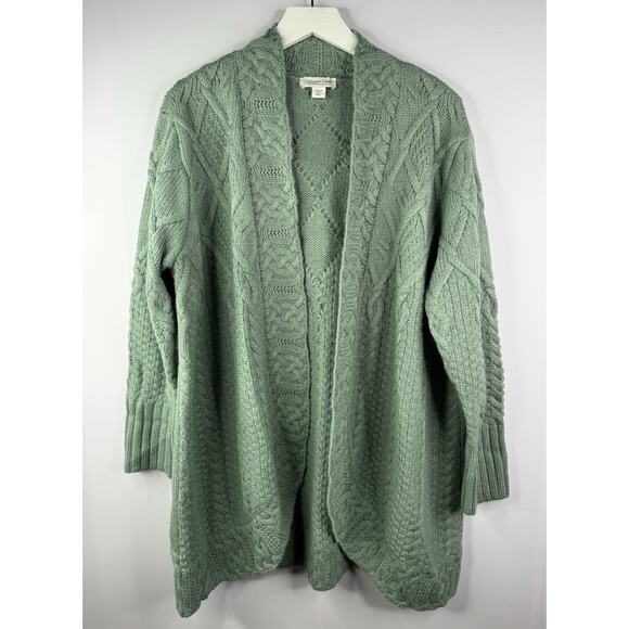 Coldwater Creek Cardigan Sweater Womens P XL Chunky Knit Open Green Cableknit - Picture 1 of 11
